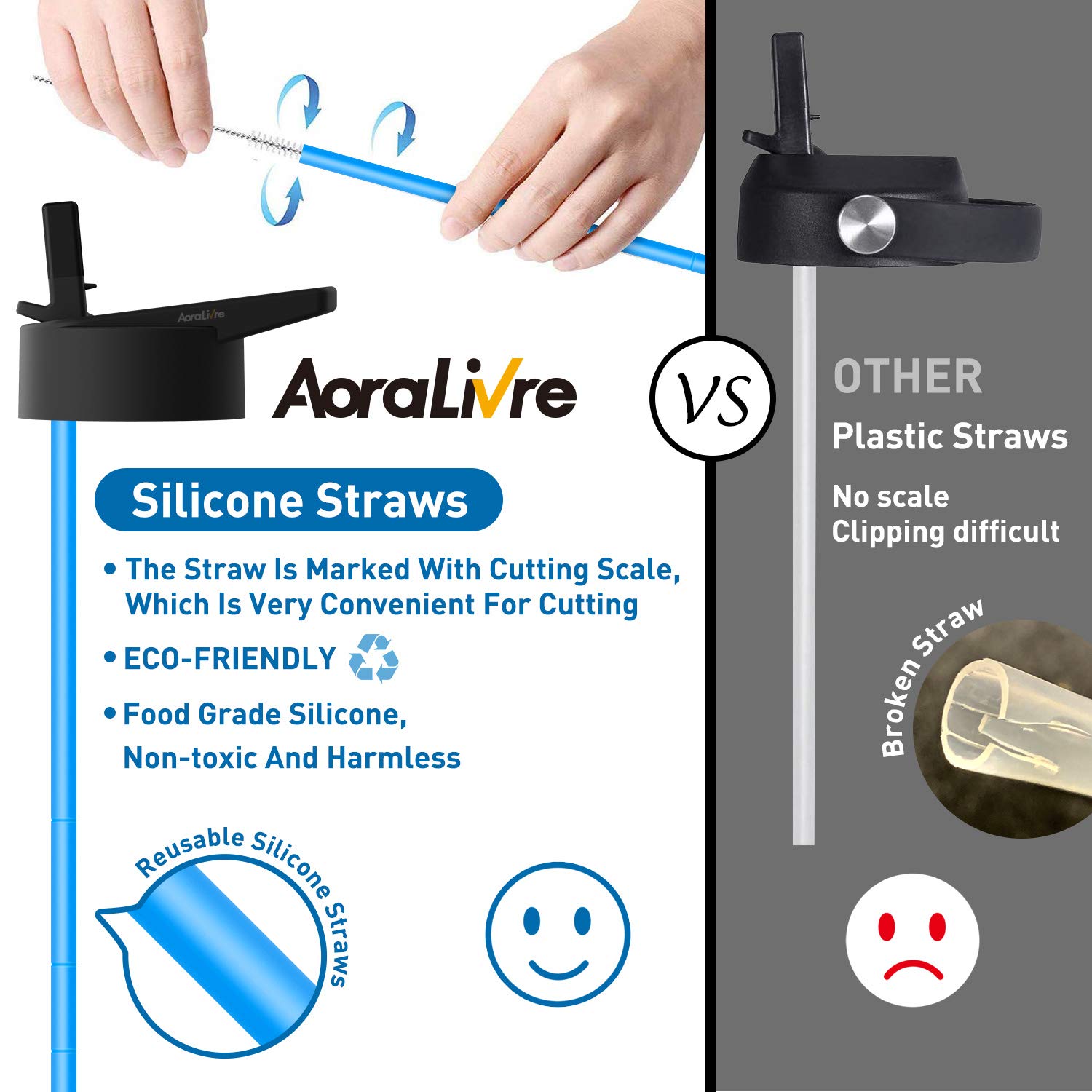 Aoralivre Hydroflask Straw Lid Wide Mouth, 2 Pack Wide Mouth Straw Lid with 4 Silicone Straws, 2 Straw Brushes, Silicone Nozzle, Perfect for Most Sports Water Bottle, Black