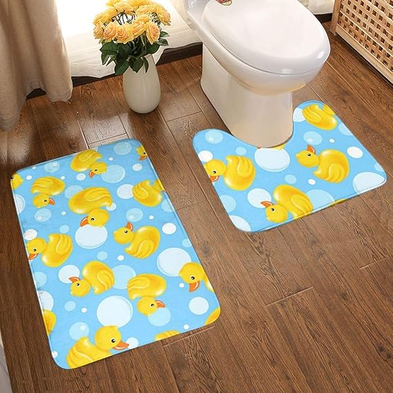 EDe Yellow Duck Bathroom Rug Set, AntiSkid Pads Bath Mat