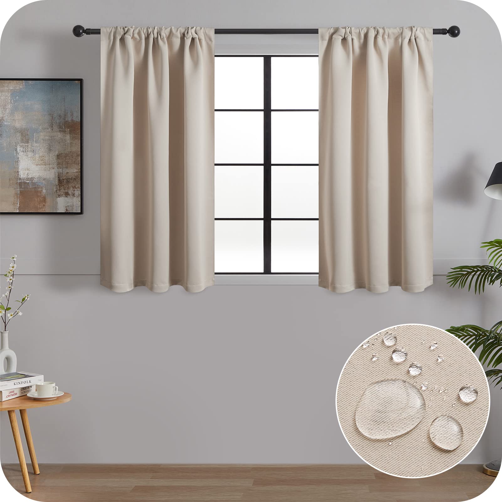 MRTREES Beige Kitchen Curtains, 2 Panels Shower Window Curtain Waterptoof, Blackout Curtains 30x24 Inch 75x60 CM, Beige