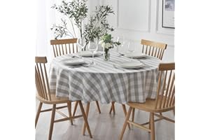 maxmill Round Checkered Tablecloth Spillproof Wrinkle Free Heavy Weight Gingham Table Cloth for Circular Table Buffalo Plaid for Buffet Banquet Parties Holiday Dinner 70 Inch Gray and White