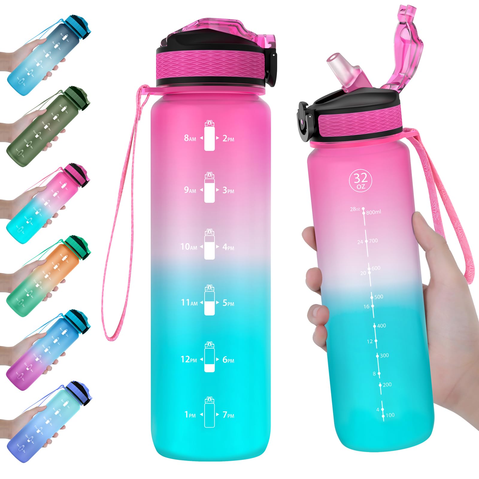 Photo 1 of  32 oz Water Bottle with Time Marker, Carry Strap, Leak-Proof Tritan BPA-Free, Ensure You Drink Enough Water for Fitness, Gym, Camping, Outdoor Sports (Fuschia/Green Gradient)