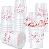 Qinyoung 24 Pcs Pink Bow Coquette Plastic Cups, 16 oz Reusable Cups Bow Themed Birthday Decorations for Bachelorette Wedding Baby Shower Party Favor