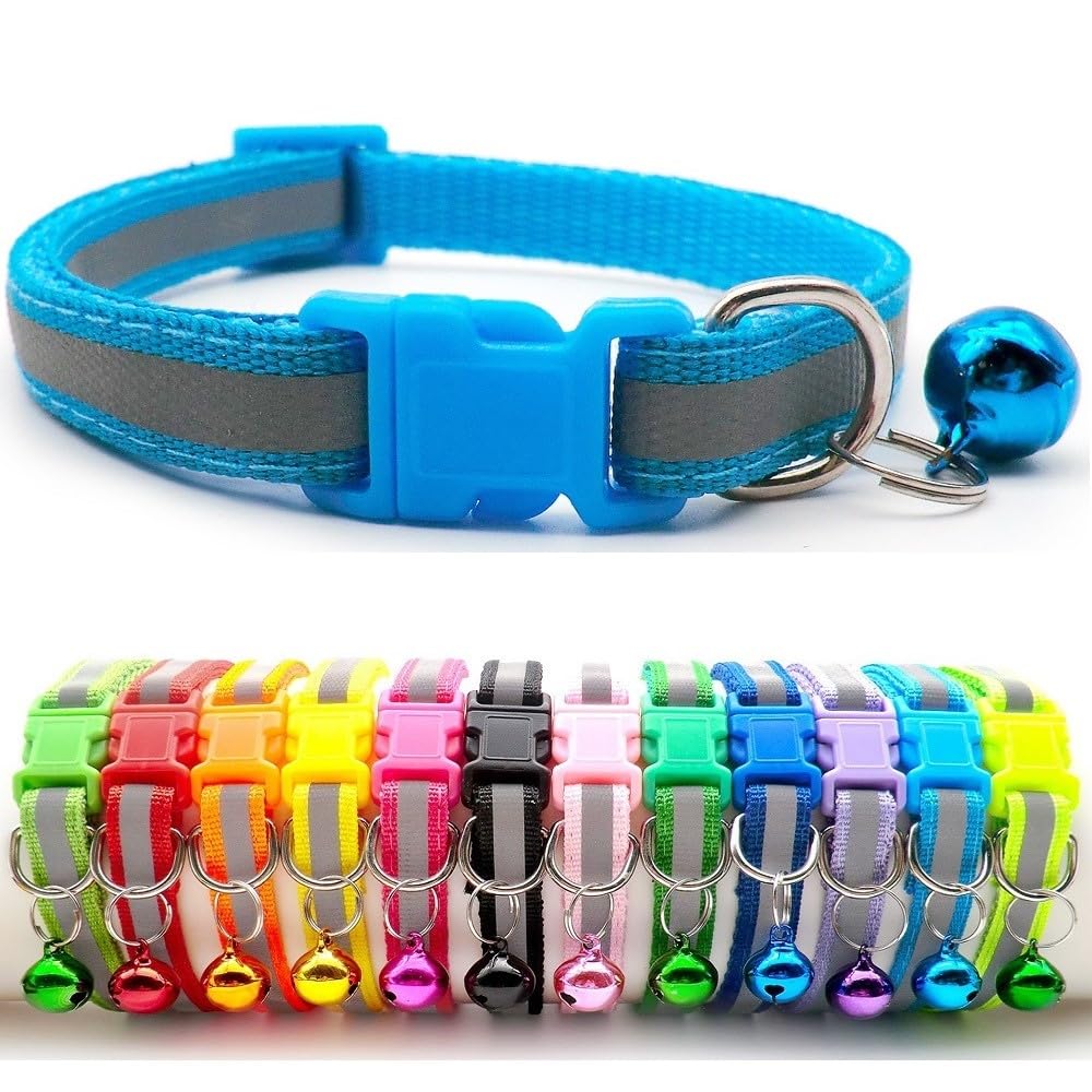 Small Dog Puppy Pet Collar Reflective Hi-Vis Strip with Bell Nylon Adjustable Size 19-32cm Light Blue
