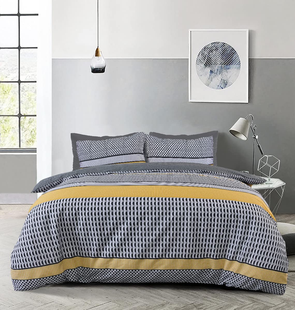 Sleepdown Stripe Geo Abstract Mono Black Grey Ochre Reversible Duvet Cover Quilt Pillow Cases Bedding Set Soft Easy Care - Super King (220cm x 260cm)