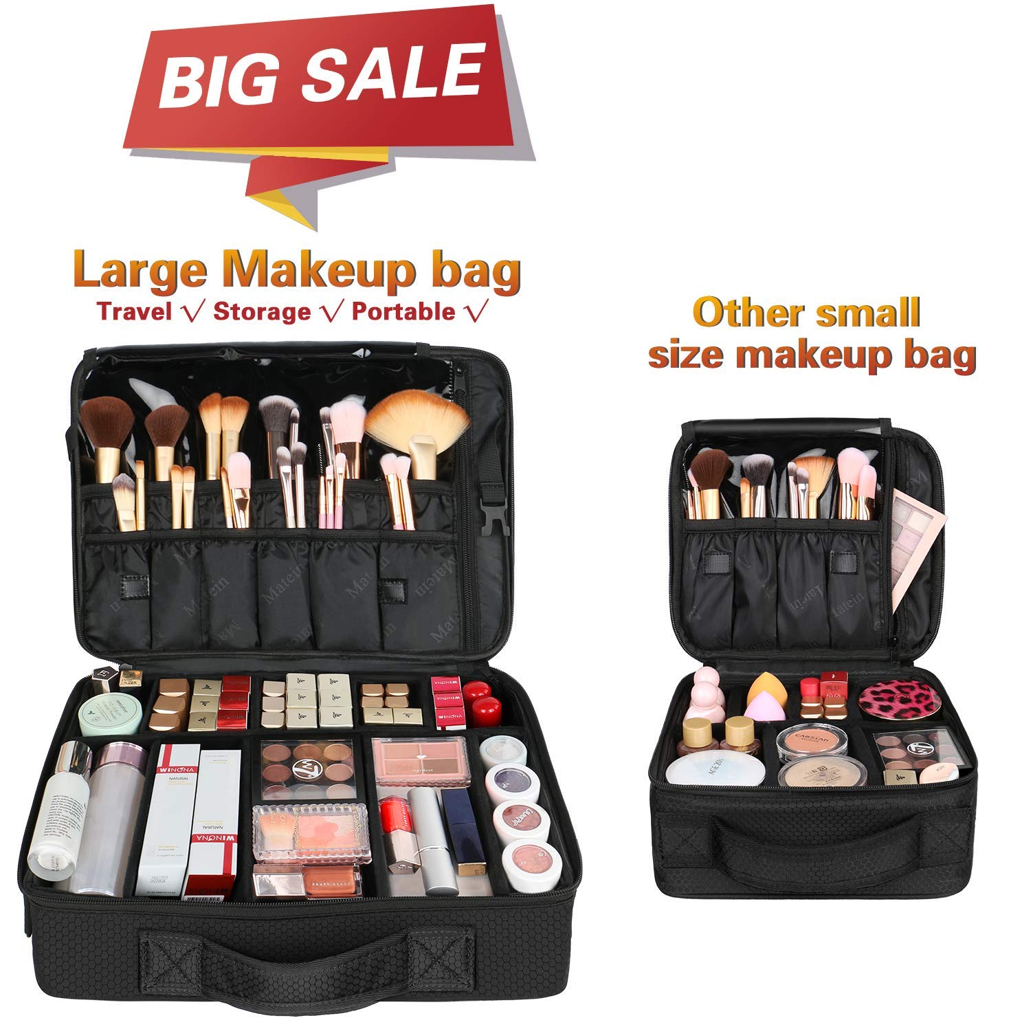 Large Travel Makeup Bag, Professional Cosmetic Makeup Train Case with Mirror, Waterproof Cosmetics Organizer Bag with Adjustable Divider Portable Makeup Storage Bag 16.5 Inch for women, Black : Beauty