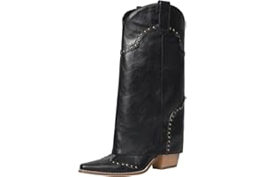 RONILURN Women Shark Boots Fold Over Mid Calf Chunky Heel Snip Toe Cowboy Cowgirl Pull On Studded Boots for Women