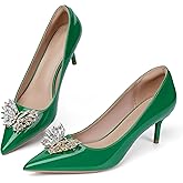 Green Kitten Heels for Women 2 Inch Pointed Toe Leather High Heels Comfortable Slip on Stiletto Pumps Rhinestone Bow Wedding Party Dress Shoes Size 5.5