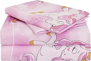 Yibeizi Unicorn Twin Sheets Set for Girls, Kids Cute Princess Printed Bedsheets Microfiber Deep Pocket Bed Sheet & Pillowcase Sets 3 Pieces