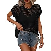 Womens Spring Tops 2026 Summer Shirts Crochet Hollow Out Cap Sleeve Sweater Pullover Cute Beach Vacation Clothes Cute Tops