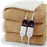 blunique Heated Blanket Electric Blanket Queen Waffle, 84x90 Inches Dual Controllers Sherpa Fleece Fast Heating Blanket 6 Heating Levels & 10 Hours Auto Off ETL Certification, Caramel Queen