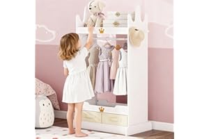 FTZxHKLX Kids Dress Up Storage with Mirror, Kids Costume Wardrobe with Shelves & Non-Woven Drawers, Children Open Hanging Armoire Costume Organizer for Kids Room, Nursery, Preschool, White