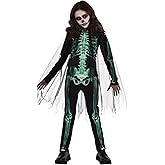 Girls Glow Skeleton Reaper Costume | Kids Bones Jumpsuit and Hooded Cape for Halloween, Trick or Treat Dress
