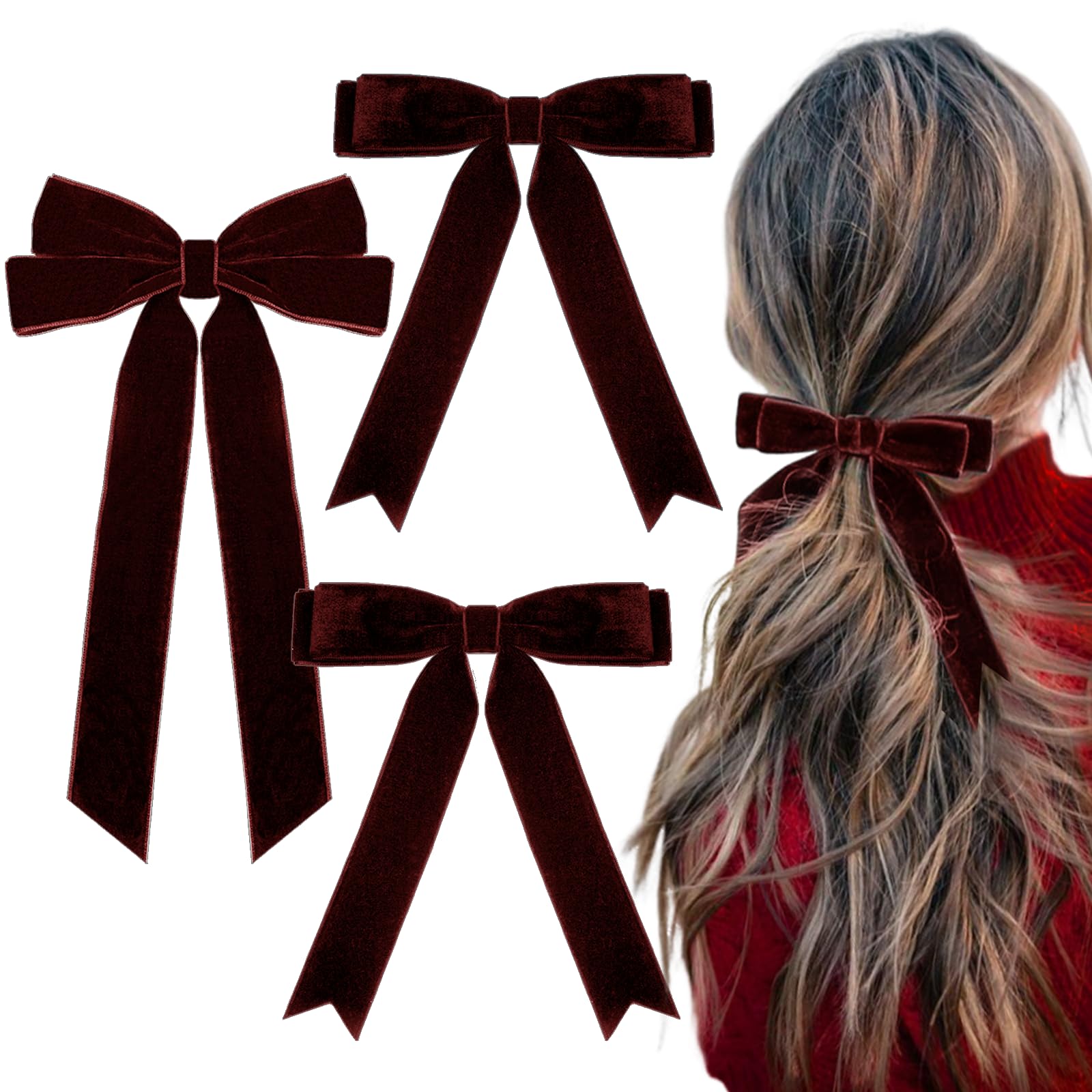 Photo 1 of 3PCS Velvet Hair Bows 2 Sizes Wine Red Soft Velvet Bow Hair Clips for Women and Girls Long Ponytail Knot Bows Alligator Clip Toddlers Ribbon Accessories