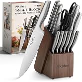 FIKSHOT 14 Pieces Knife Block Set German Stainless Steel with Sharpener | Razor-Sharp Santoku Knives, Fruit &amp; Kitchen Knives, Dishwasher-Safe, Rust Resistant for Homecooks, BBQ Prep (Silver + Walnut)