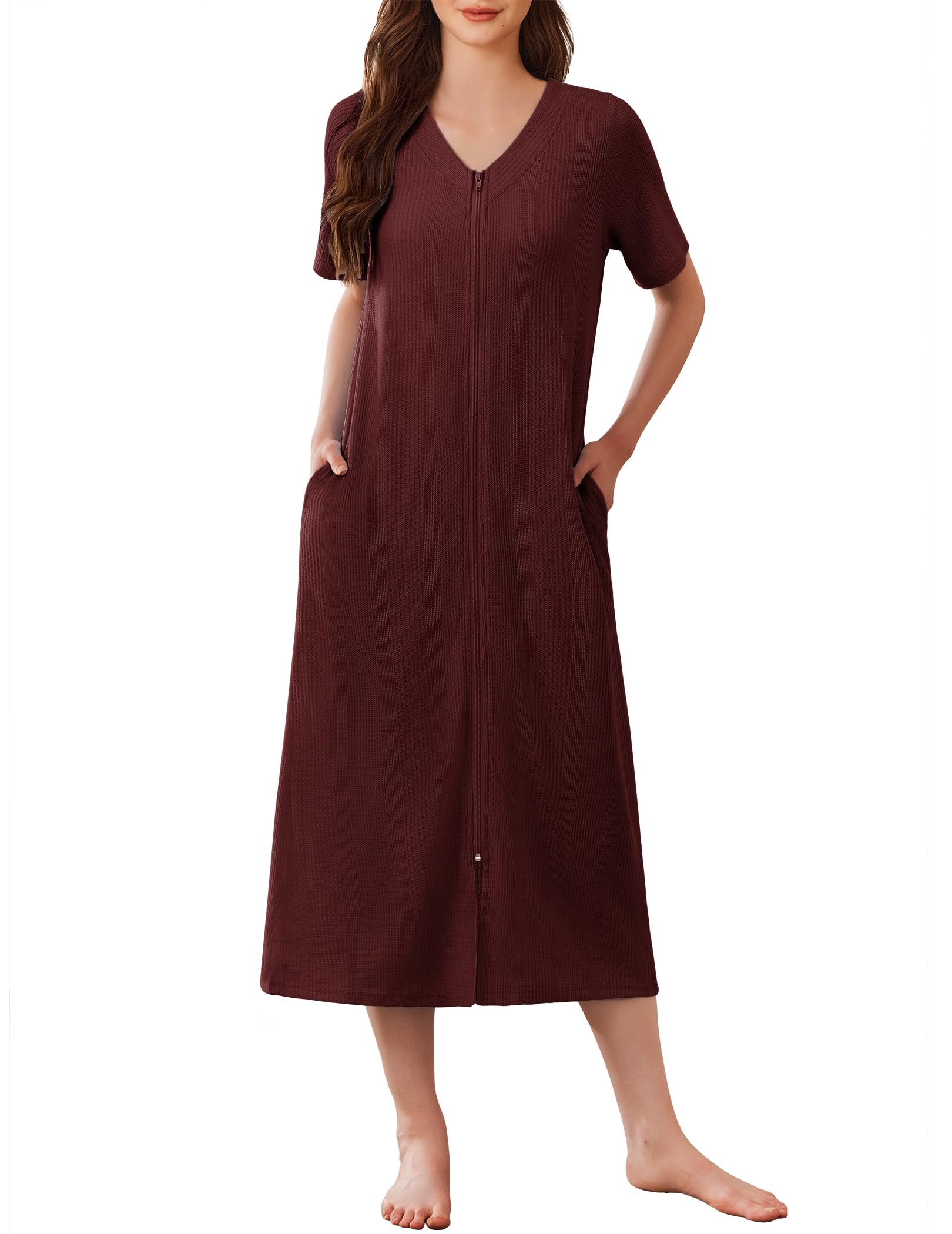 Photo 1 of Ekouaer Zip Up Robe for Women Long Housecoat Waffle Knit Bathrobes Cozy Full Length Nightgown with Pockets(Wine Red, X-Large)