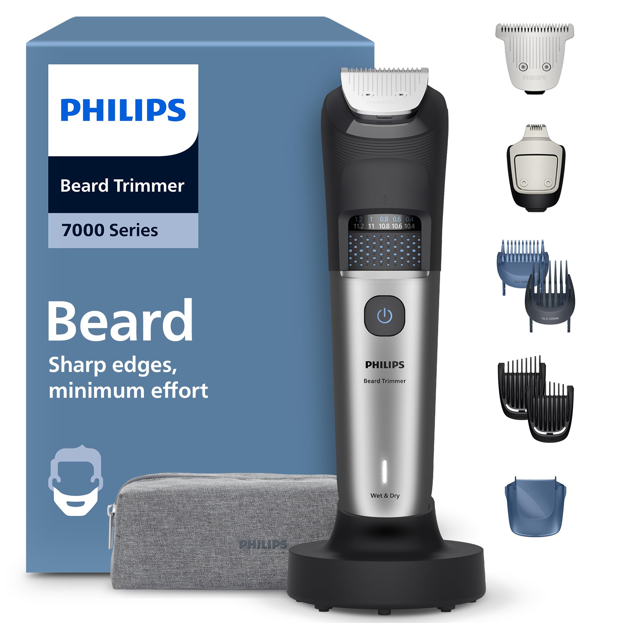 Philips Tondeuse à barbe série 7000 - Lames en métal auto-affûtées, 40 hauteurs de coupe réglables, Technologie BeardSense, Collecte des poils, 100% étanche, Tondeuse large, Modèle BT7670/15