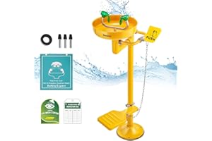 Huanyu Stand Up Eye Wash Station Floor Mounted Eyewash Station Adjustable Water Flow Emergency Eye Washing Station Stainless Steel with Eye Wash Sign Factory (1207-1 Yellow)