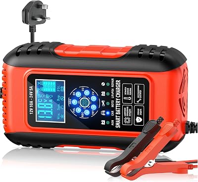 Husgw 10 Amp Car Battery Charger 12V/24V 7 Stage Smart Maintainer LCD
