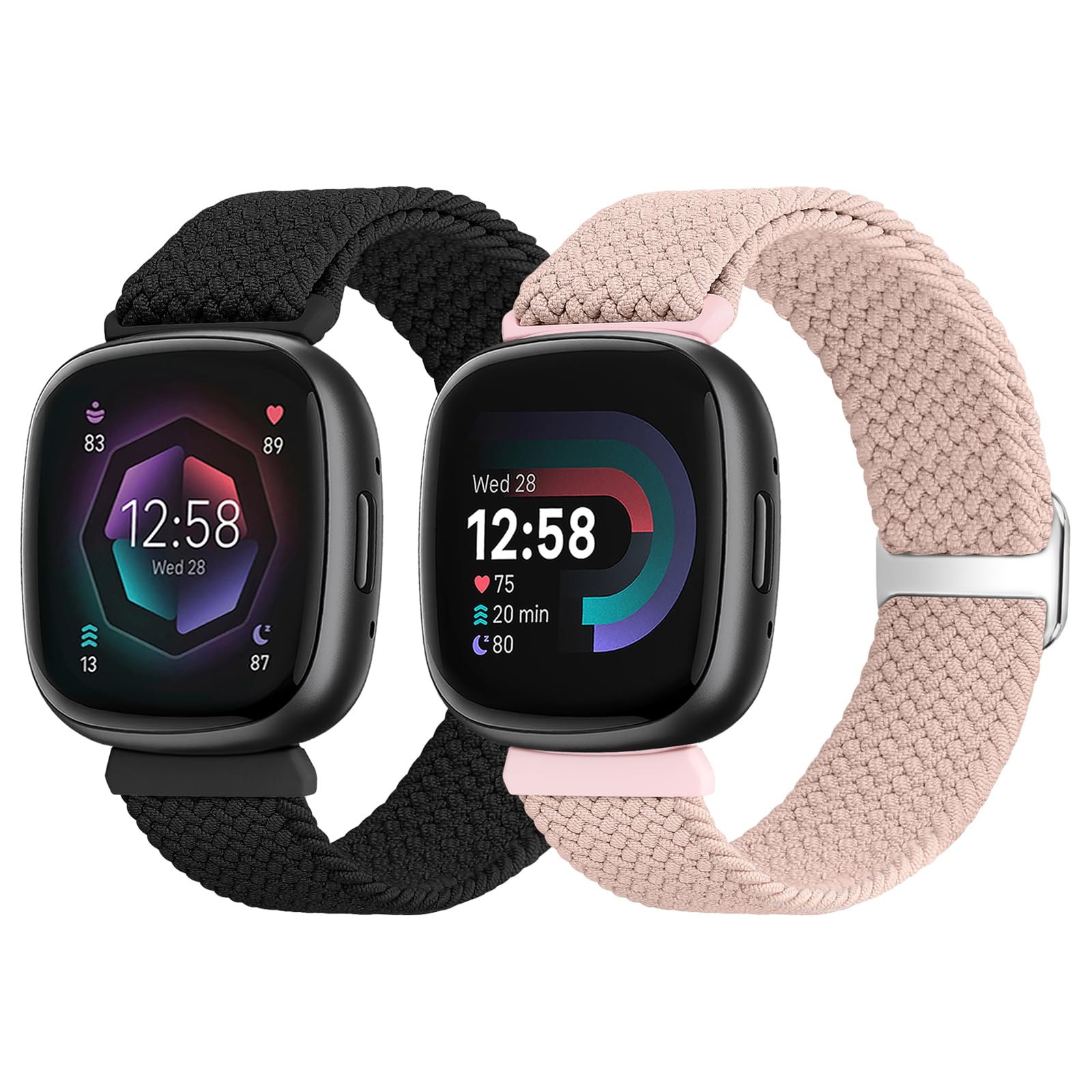 SHIJZWD Elastic Braided Strap For Fitbit Versa 4/Versa 3/Sense 2/Sense, 2 Pack Sport Nylon Band Adjustable Stretchy Replacement Wristband for 3/Versa 4/Sense 2/Sense Women Men, Black+Pink Sand