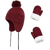 Toddler Winter Hat with Mittens Set - Baby Kids Warm Fleece Knit Beanie Hat & Thick Gloves Skiing Cap for Girls(Wine Red, L/4-7 Years)