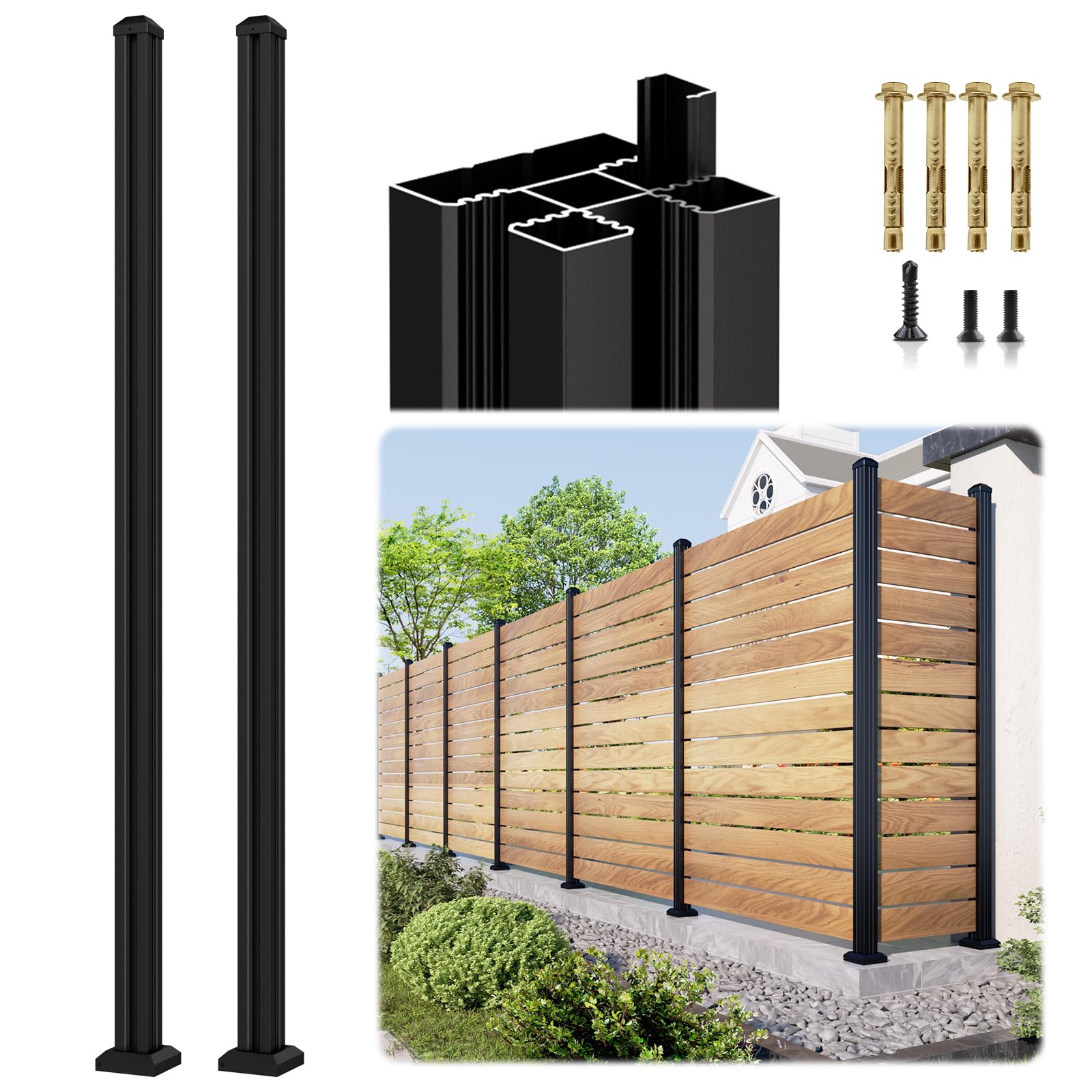 Photo 1 of 2 Pack 6FT 3-Way Heavy-Duty Aluminum Fence Post, Matte Black Wood Fence Post, Rustproof & Weather-Resistant for Outdoor Privacy Panels