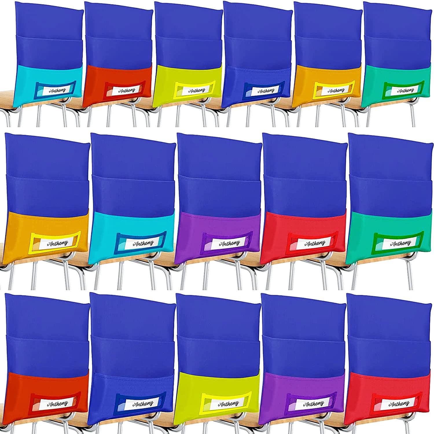 Photo 1 of Maitys 16 Pieces Chair Pockets Classroom Chair Organizer 8 Colors Seat Storage with Name Tag Slot for School, Classroom, Home, Group Team Organizers, 16 x 19 Inch (Blue Background)