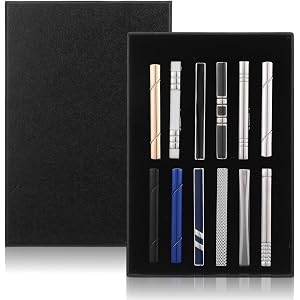 Kuyeyzu 12 Pcs Tie Clips for Men Black Silver Gold Plated Tie Bar Set for Regular Ties Classic Clasps Wedding Business Gift B