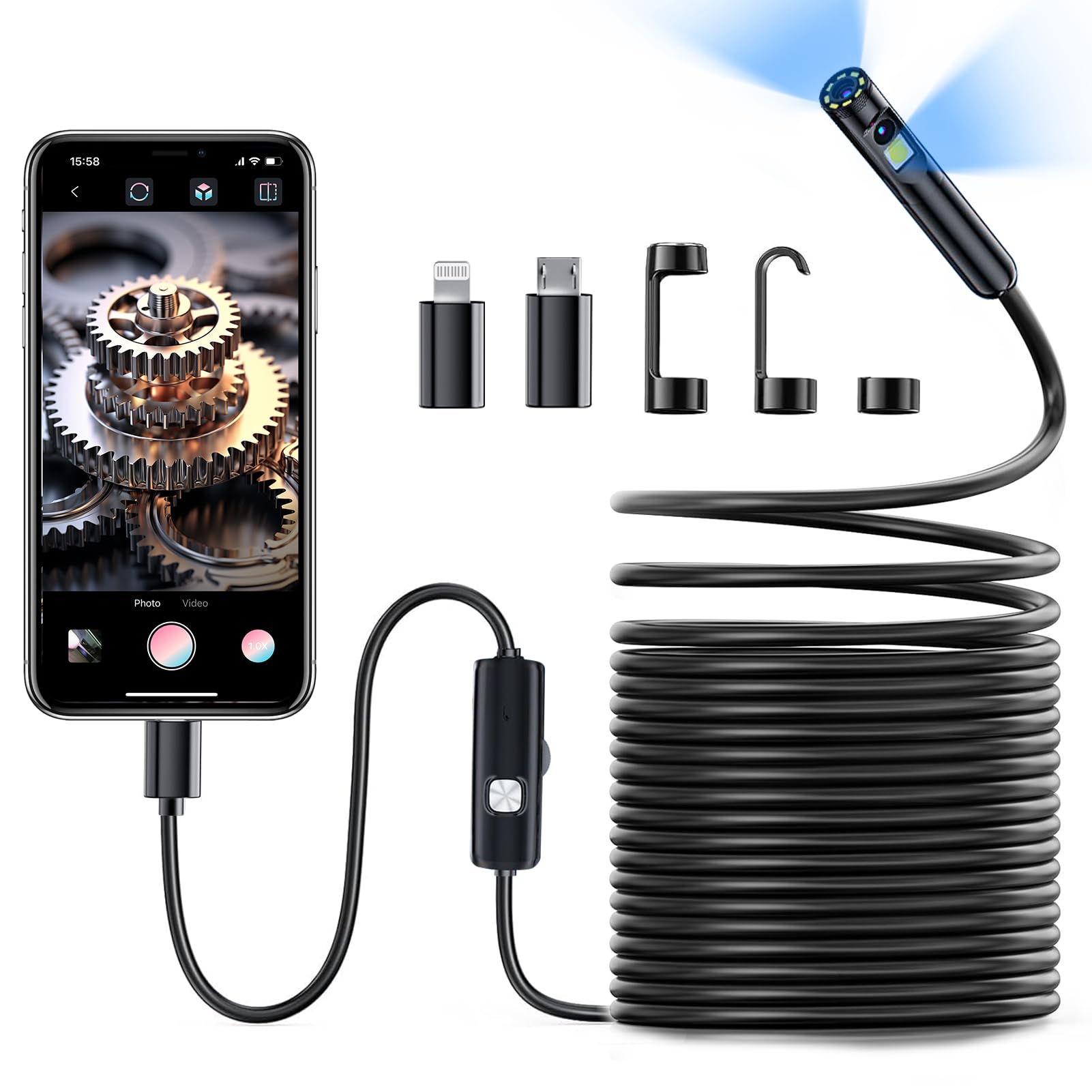 Photo 1 of Endoscope Camera with Light, 1920P Dual Lens Borescope with 8+1 LED Light, IP67 Waterproof Portable Borescope Camera with Light for Android, iPhone, iPad (Dual Lens-33FT)