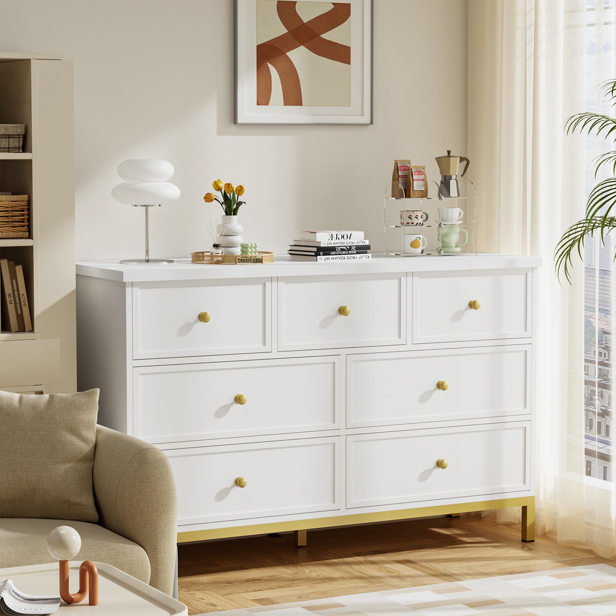 Photo 1 of ***MISSING HARDWARE***
***MISSING PARTS***
Pamapic Modern 7-Drawer White Dresser,47" White Wooden Dresser for Bedroom, Storage Organizer with Deep Drawers & Metal Handles for Bedroom, Entryway, Hallway