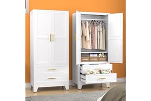 erosoei Metal Armoire Wardrobe Closet, 71 "Metal Clothing Storage Cabinet with Adjustable Shelves and Hanging Rod, Household Steel Wardrobe Storage Cabinet with Drawers (armoire-White)