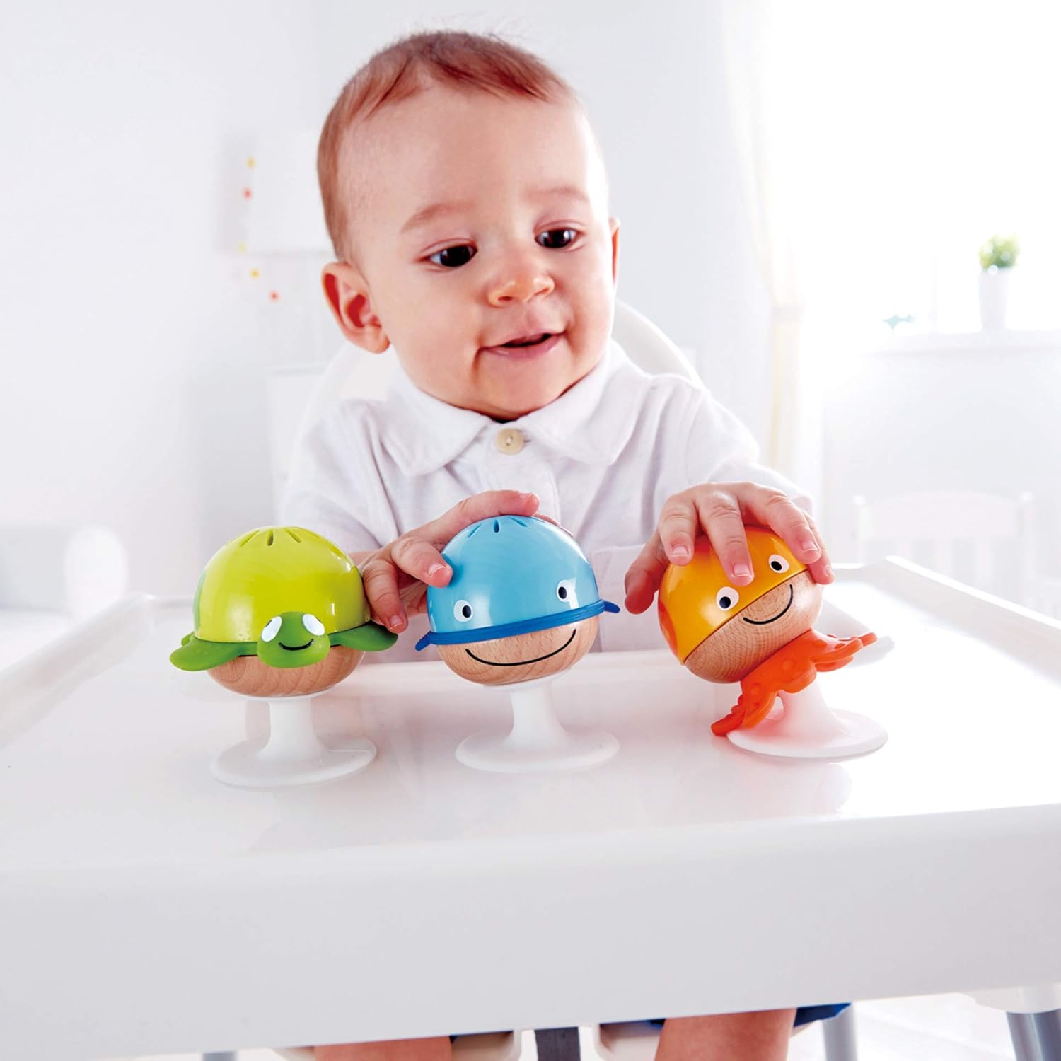 Hape Put-Stay Rattle Set | Three Sea Animal Suction Rattle Toys, Baby Educational Toy Set, Multi, 5'' x 2'' (E0330): Toys & Games