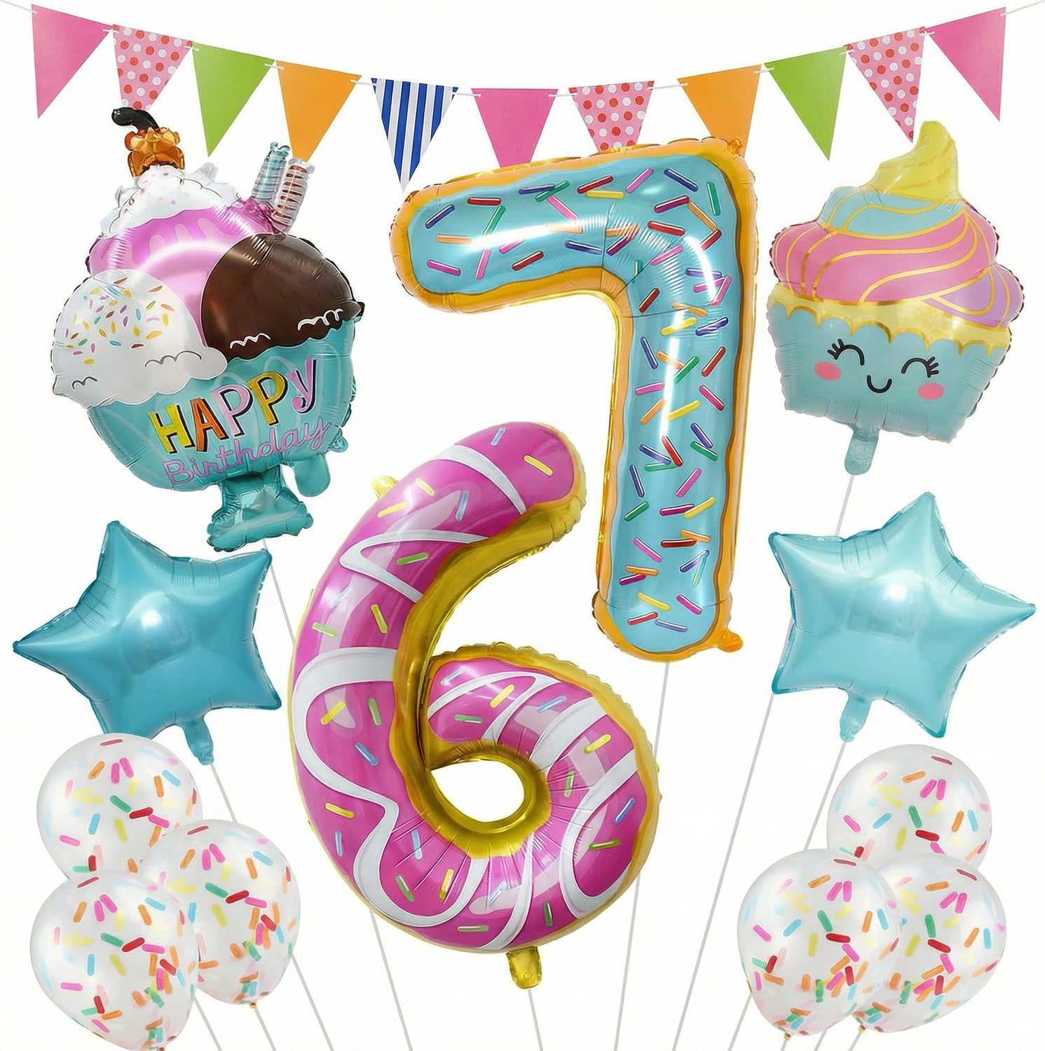 Photo 1 of 13Pcs 6 7 Birthday Decorations Set, 67 Meme Themed Party Supplies Includes Funny Banner, Large Ice Cream, 6 x Latex Ballons, Donuts, Number Six Seven Pattern, Five-pointed star