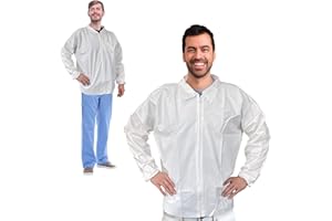 EZGOODZ White Disposable Lab Jacket, Large. 10 Pack Disposable Jackets Dental. 65 GSM Microporous Unisex Lab Jackets with Elastic Cuffs, Front Zipper