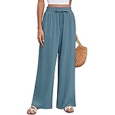 Huukeay Women's Linen Wide Leg Pants, High Waist Flowy Palazzo Pants with Pockets Drawstring Summer Casual Work Trousers(Lake Blue,Large)
