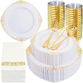 Nervure 350Pcs Gold Plastic Plates, Disposable Dinnerware Set for 50 Guests | 50 7.5" Dessert &amp; 50 10.25" Dinner Disposable Plate, 150 Silverware, 50 10oz Cups, 50 Napkins for Wedding &amp; Party, Heavy-duty
