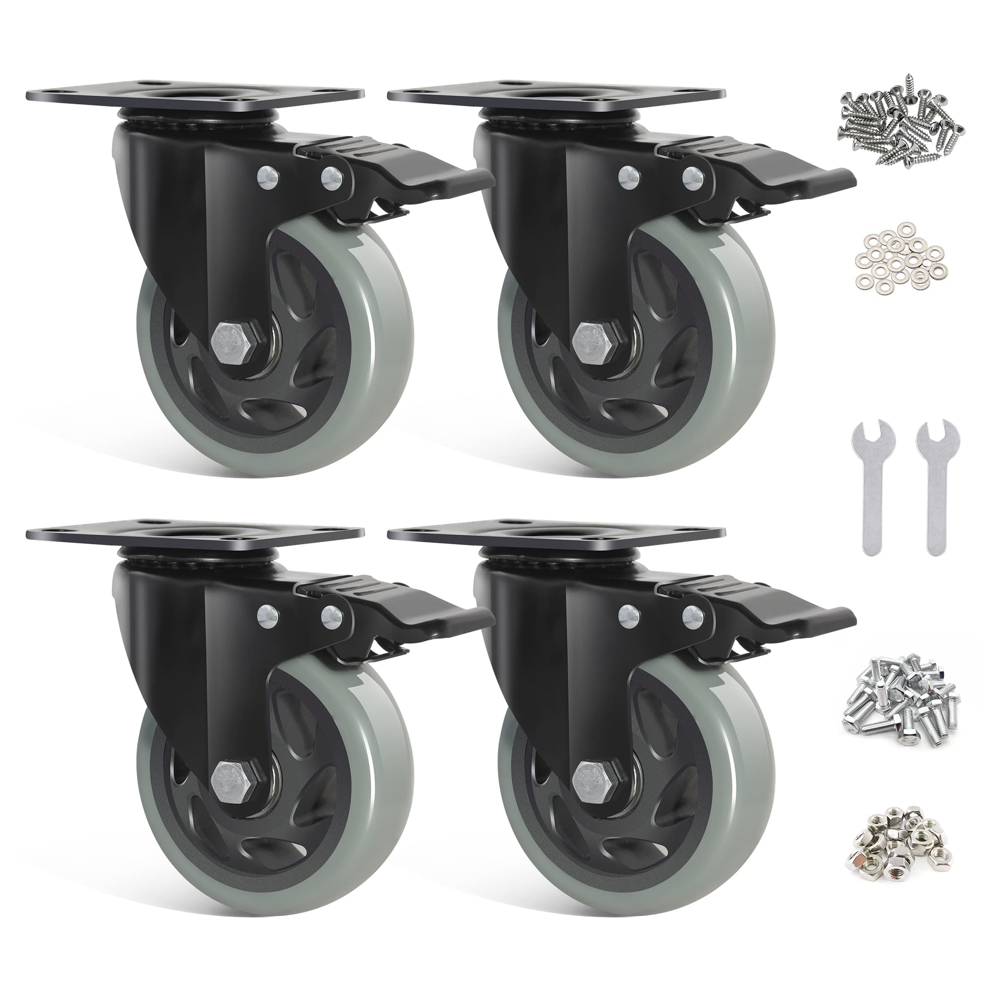 BAOLIHUI Heavy Duty Castors 100 mm Grey - Set of 4 Swivel Castors with Brakes up to 600 kg Including Mounting Accessories - Wheels for Indoor and Outdoor Use