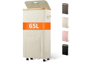 Vincona Laundry Basket with Wheels, Tall Dirty Clothes Hamper on Wheels, Rolling Laundry Hamper with lid for Dorm, Bedroom and Bathroom (Beige, 65L)