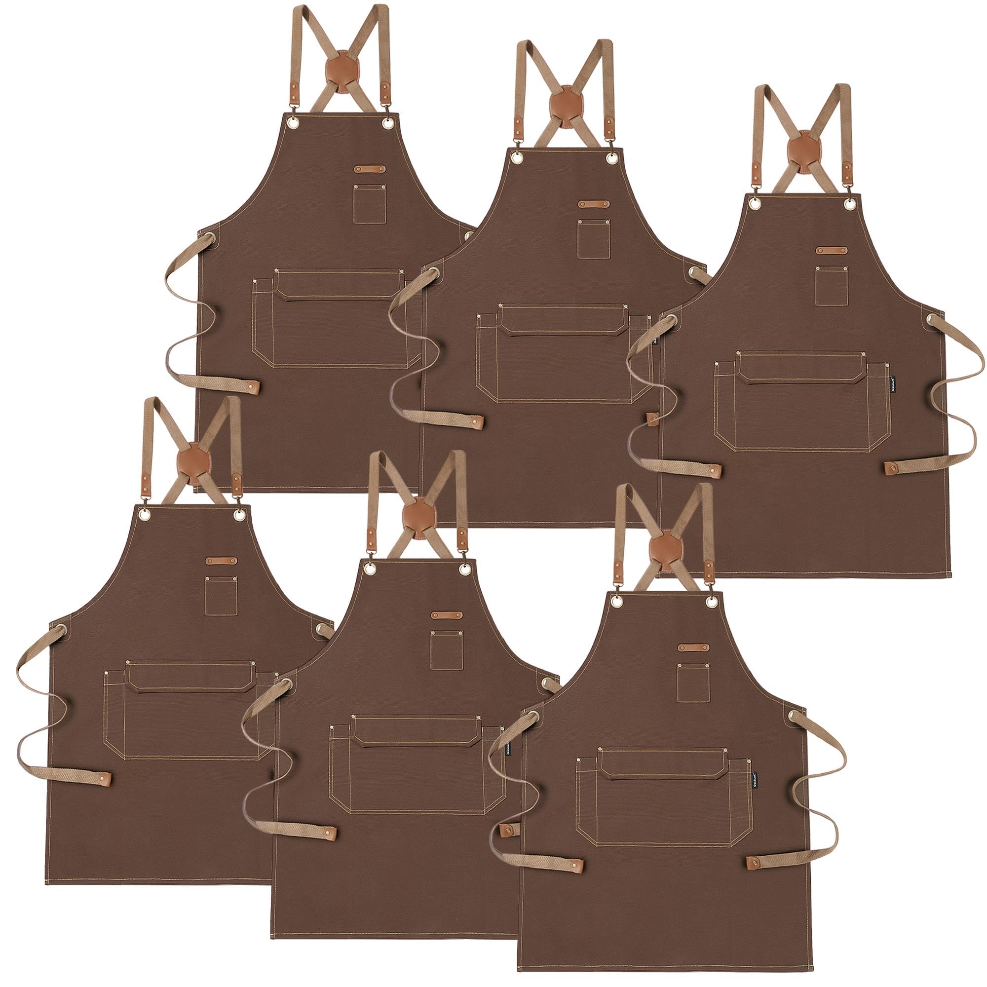 Genixart Men's Adjustable Work Apron with Pockets - Heavy-Duty Canvas Apron for Grilling, Gardening, Kitchen Cooking - Cross-back Cotton Aprons for Barista, Restaurant Server, Workshop (6, Brown)