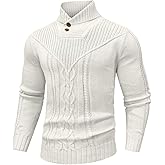 SAVKOOV Men's Shawl Collar Pullover Sweater Casual Button Cable Knit Sweaters