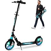 Kick Scooters for Kids 8-12, Teens &amp; Adults, Foldable Kids Scooter with 8 Inch Light Up Wheels, Hand Brake, Bell, Rear Brake, Front Suspension, Kickstand, Carrying Strap, 3 Height Adjustable 35-40 in