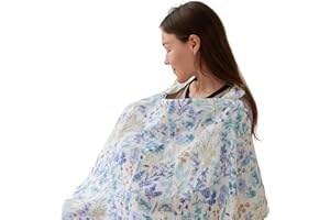 TILLYOU Muslin Nursing Cover for Baby Breastfeeding, 100% Cotton Breathable with Arch Neckline for Women, Blue Flower
