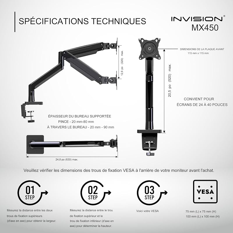 Support PC Ecran Bras pour Écrans 24"-40" VESA 75/100mm Pince de Bureau Ergonomique Réglable en Hauteur 2-15kg (MX450)