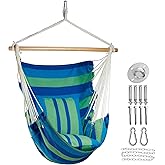 Chulim Hammock Chair Hanging Swing Include 2 Cushions and Hardware Kits, Max 330Lbs, XL Hanging Chair for Indoor Outdoor Patio Yard - Blue & Green Stripe