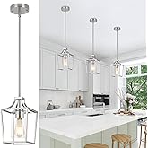 foucasal Brushed Nickel Lantern Pendant Light Fixture Pendant Lights for Kitchen Island with Clear Glass Shade, Adjustable He