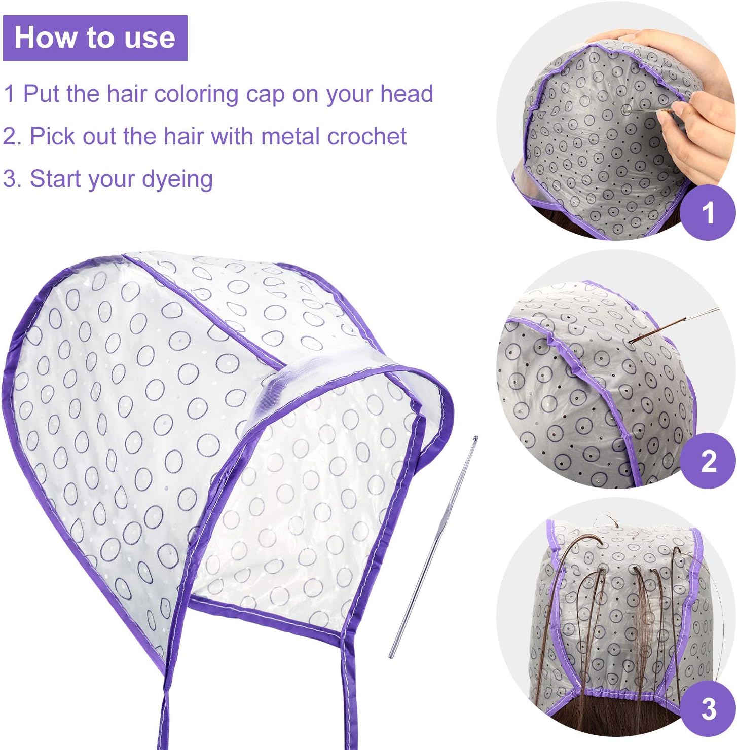 20 Pieces Hair Highlight Cap Kit Disposable Highlight Tipping Cap Salon Hair Coloring Dyeing Hair Cap with 2 Pieces Metal Hooks for Salon and Home Use Hair Highlighting Coloring Supplies (Purple) - Image 4