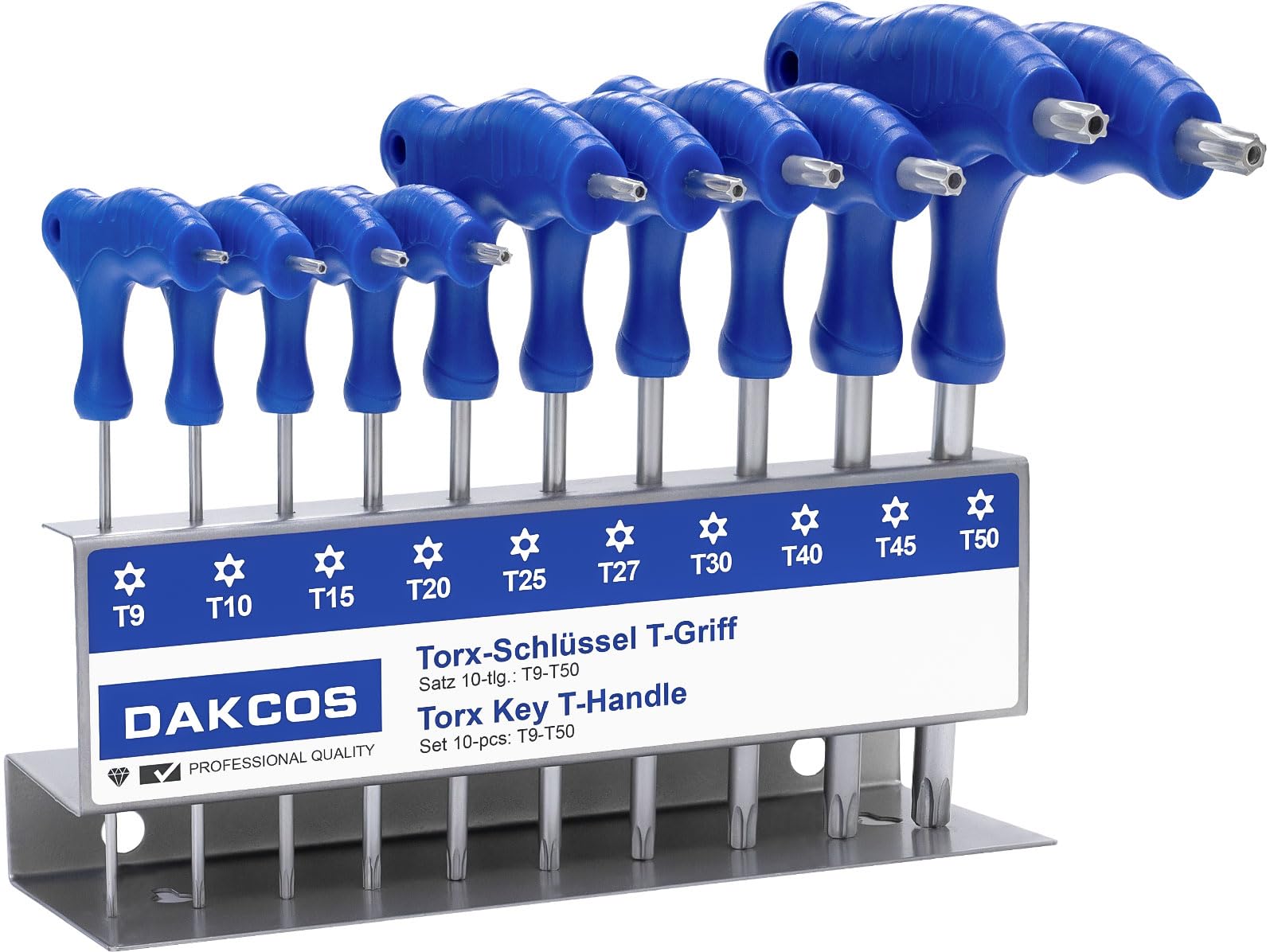 DAKCOS 10 Pcs T-Handle Torx Wrench Set, T9-T50 Star Key with Storage Rack, Cr-V