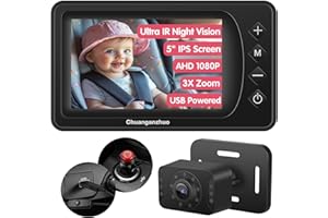 CHUANGANZHUO S100P Baby Car Camera with Ultra Night Vision, 5'' HD 1080P IPS Baby Car Monitor with 3X Zoom, Backseat/Carseat/Rear Seat Camera USB, Easy No-Damage Install, Safety for Infants and Pets (5inch Black)