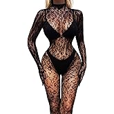deladola Mesh Black Leopard Jumpsuits for Women See Through Fishnet Bodysuit Long Sleeve Babydoll Lingerie Bodystocking