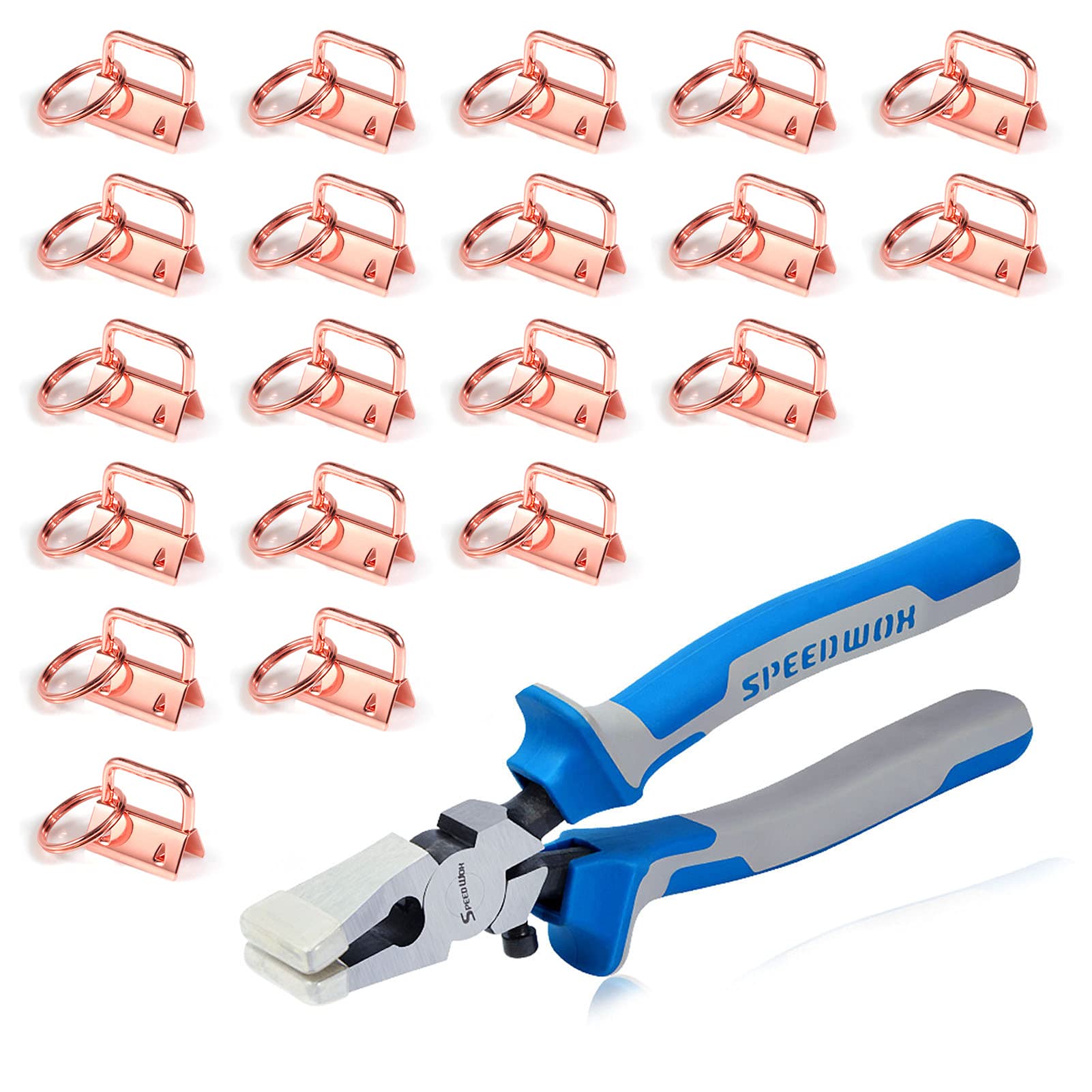 SPEEDWOX 20 Pcs 1" Rose Gold Key Fob Hardware Set, 8 Inches Glass Breaking Pliers with Rubber Tips, for Wristlet Keychain Key Lanyard Making — image 1