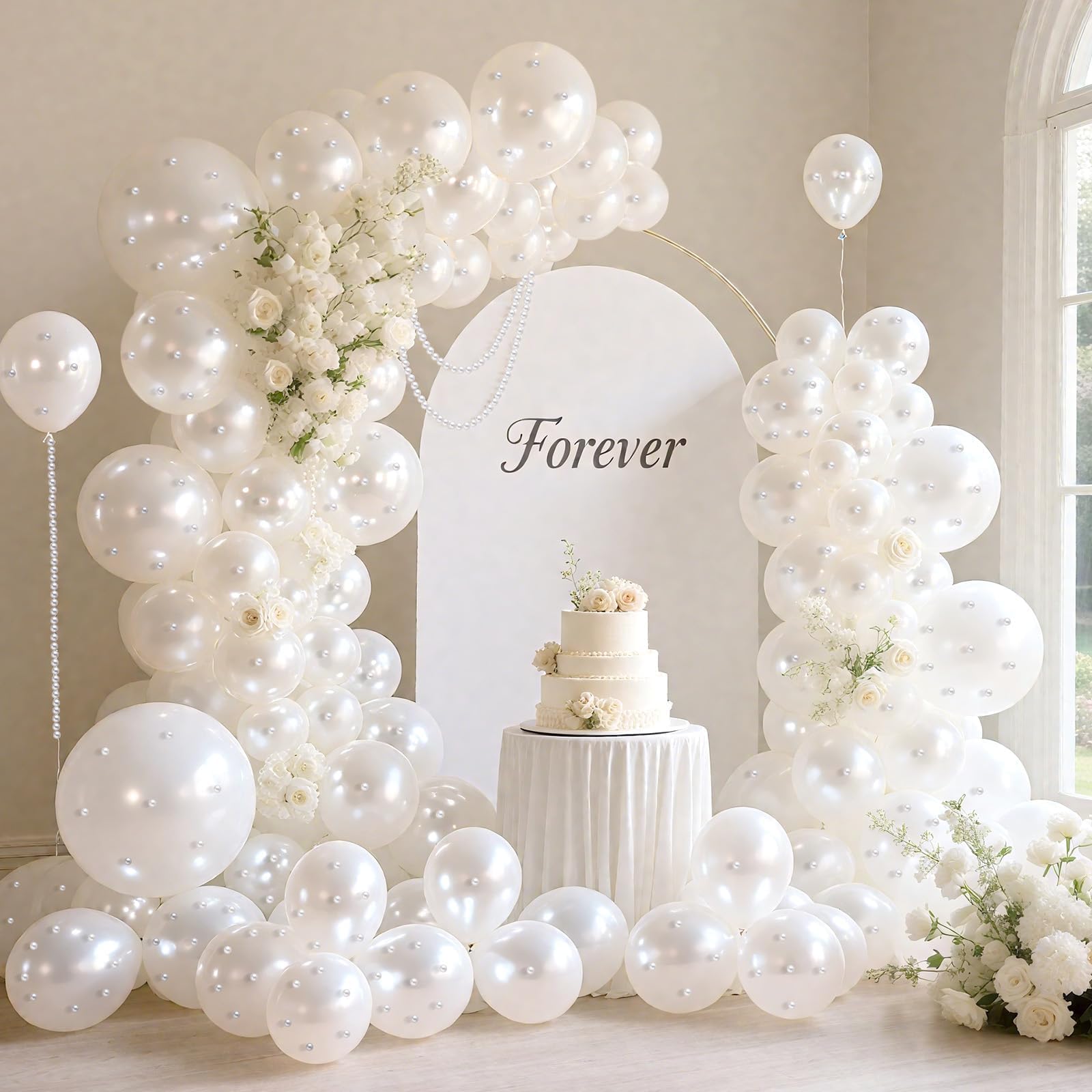 Photo 1 of 165 Pcs Pearl White Balloons Arch Double Stuffed Latex white Balloon Garland 5/10/12/18 Inch with Pearl Stickers Ribbon Pearl Chain for Wedding Bridal Shower Baby Shower Birthday Decorations